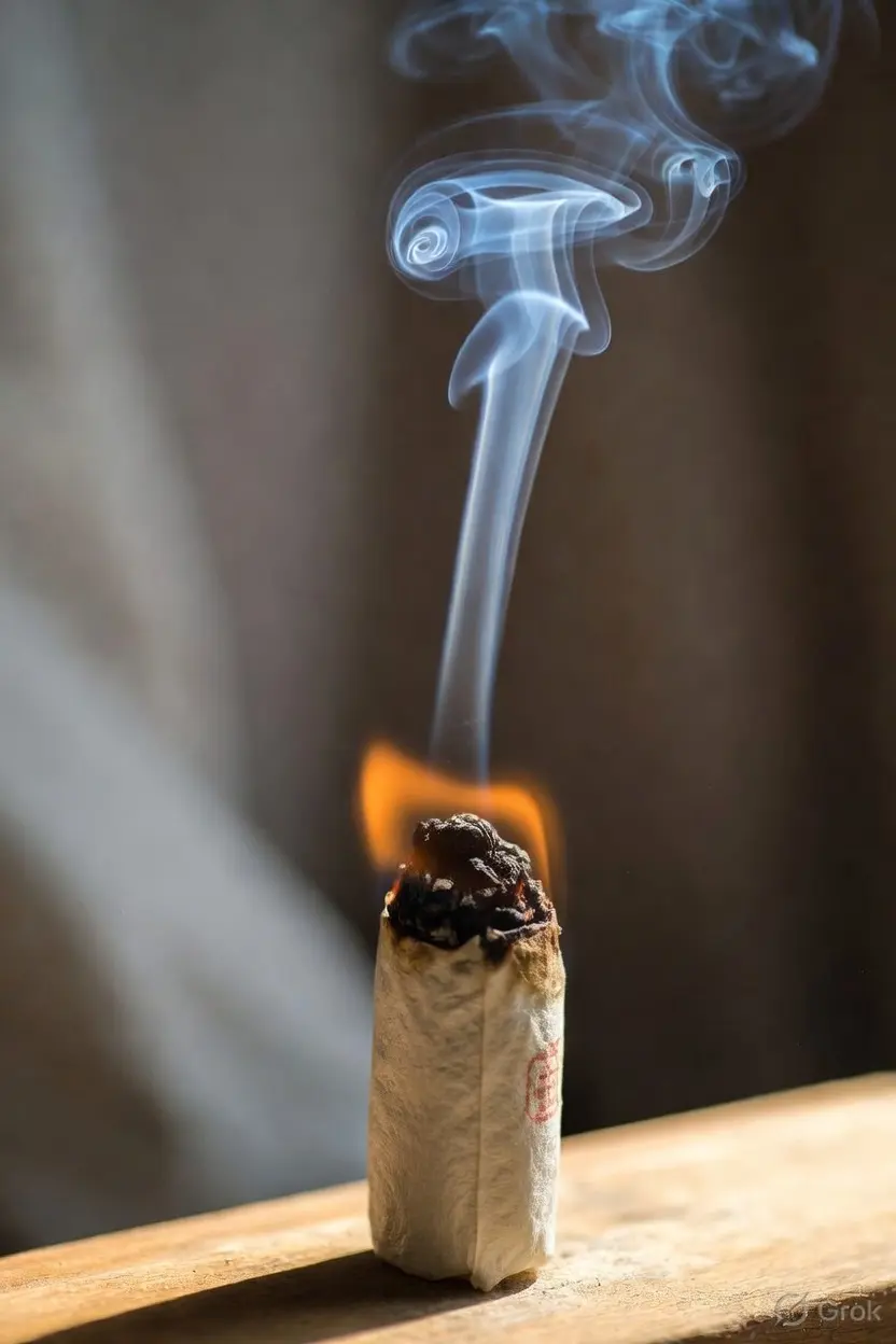 Moxa smoke rising from a moxibustion stick — gentle, warming therapy used in Chinese medicine