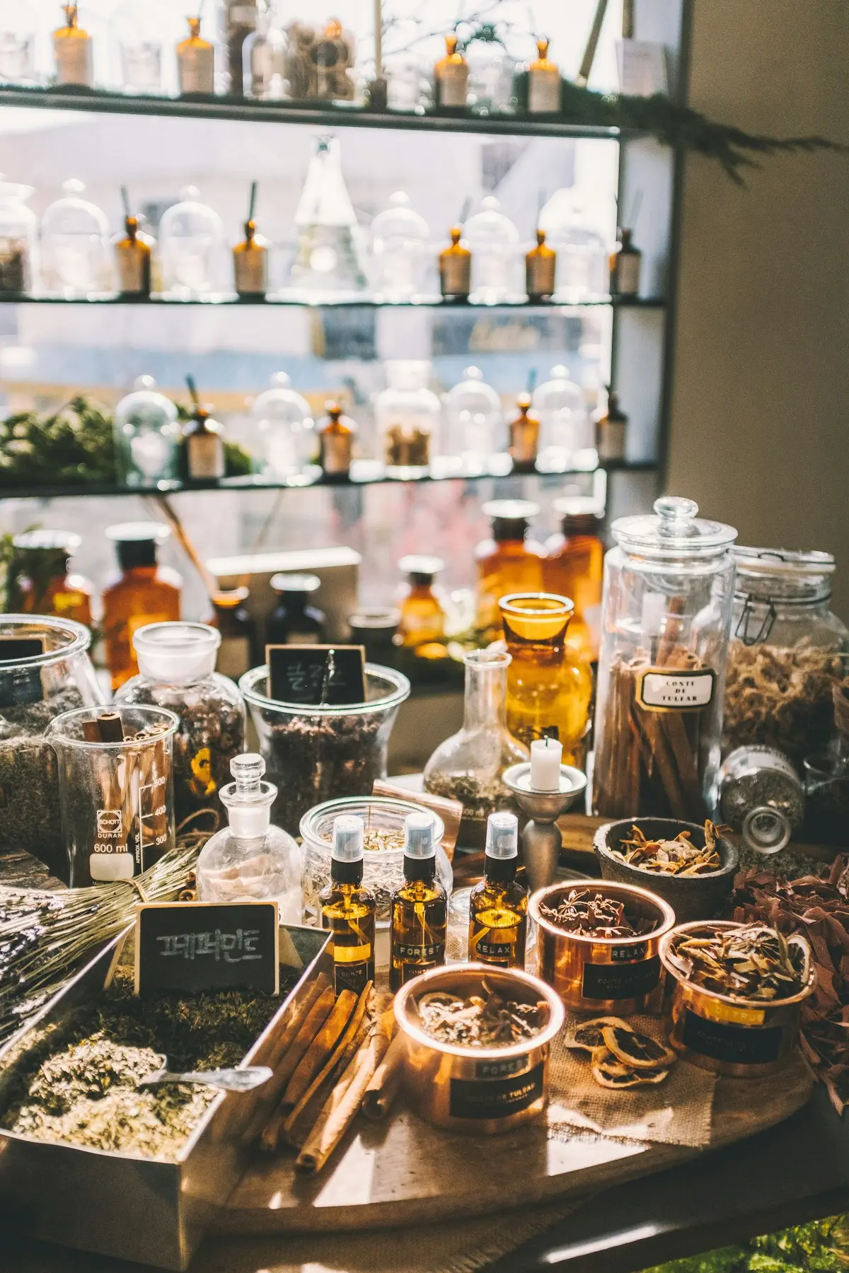 Chinese herbal medicine bottles and dried herbs in a traditional apothecary dispensary — Nature's Chinese Medicine Perth