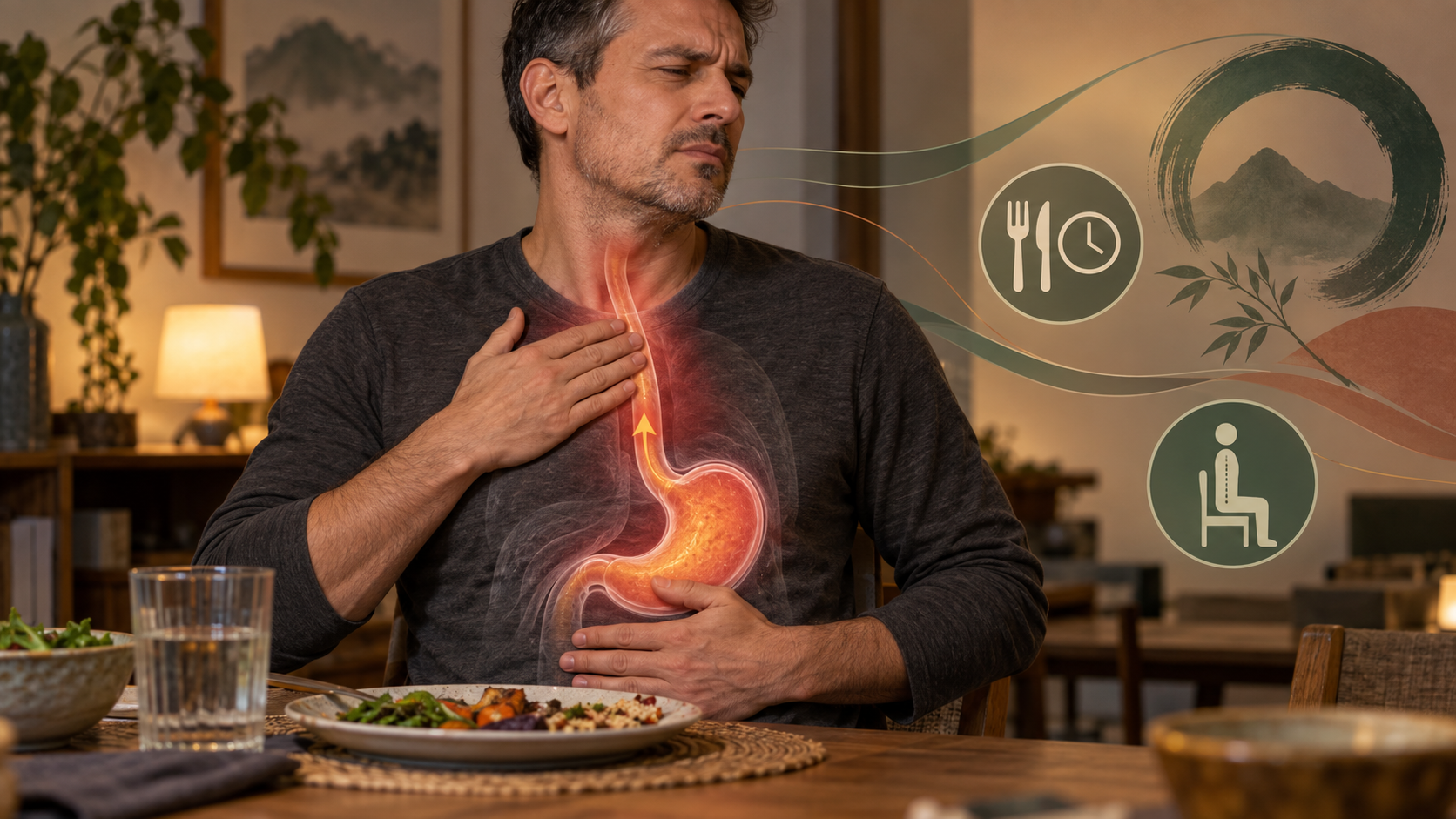 Adult man with reflux discomfort and a neutral oesophagus and stomach illustration