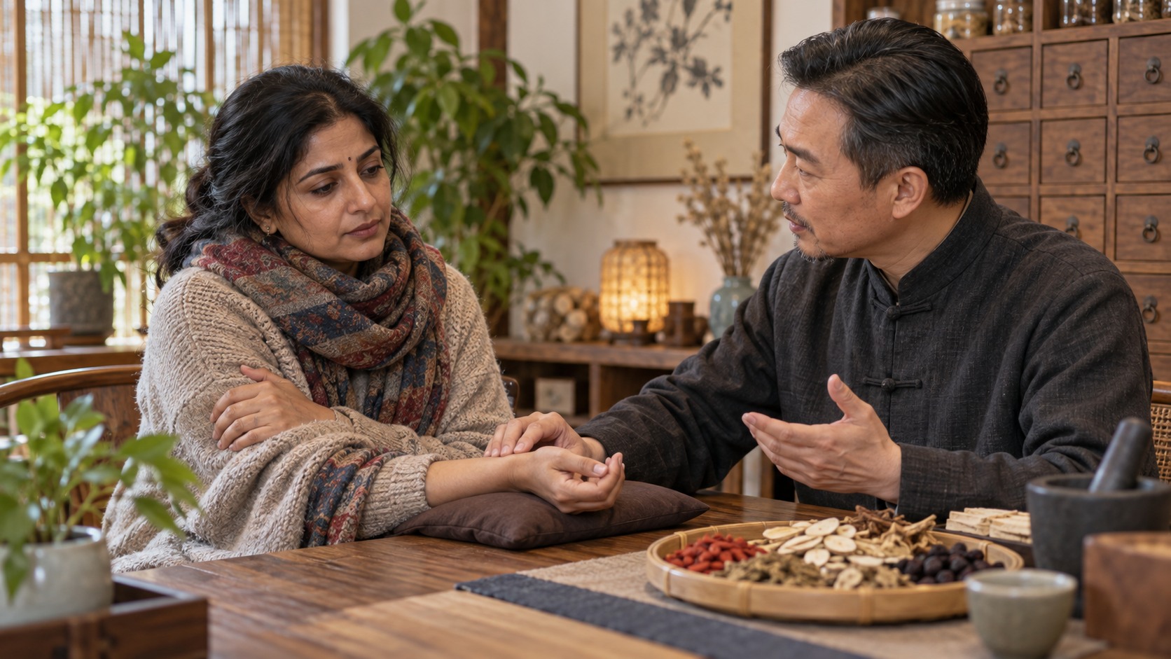 Woman feeling cold and fatigued discussing hypothyroidism support during a Chinese medicine consultation
