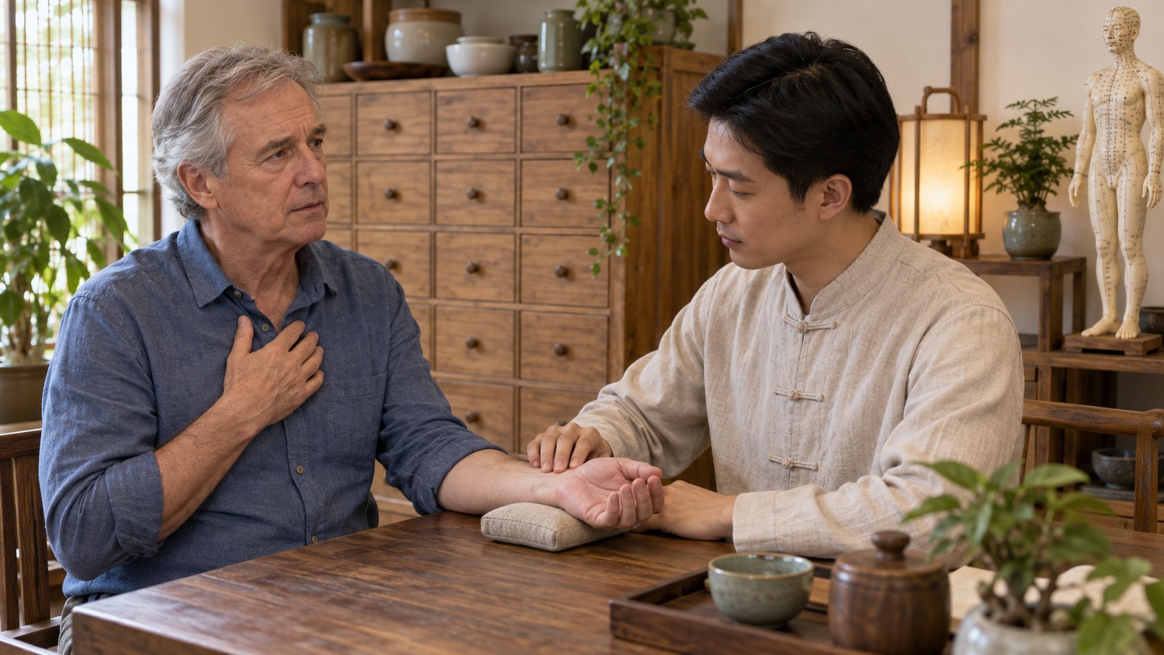 Older man with palpitations discussing symptoms during a Chinese medicine pulse assessment