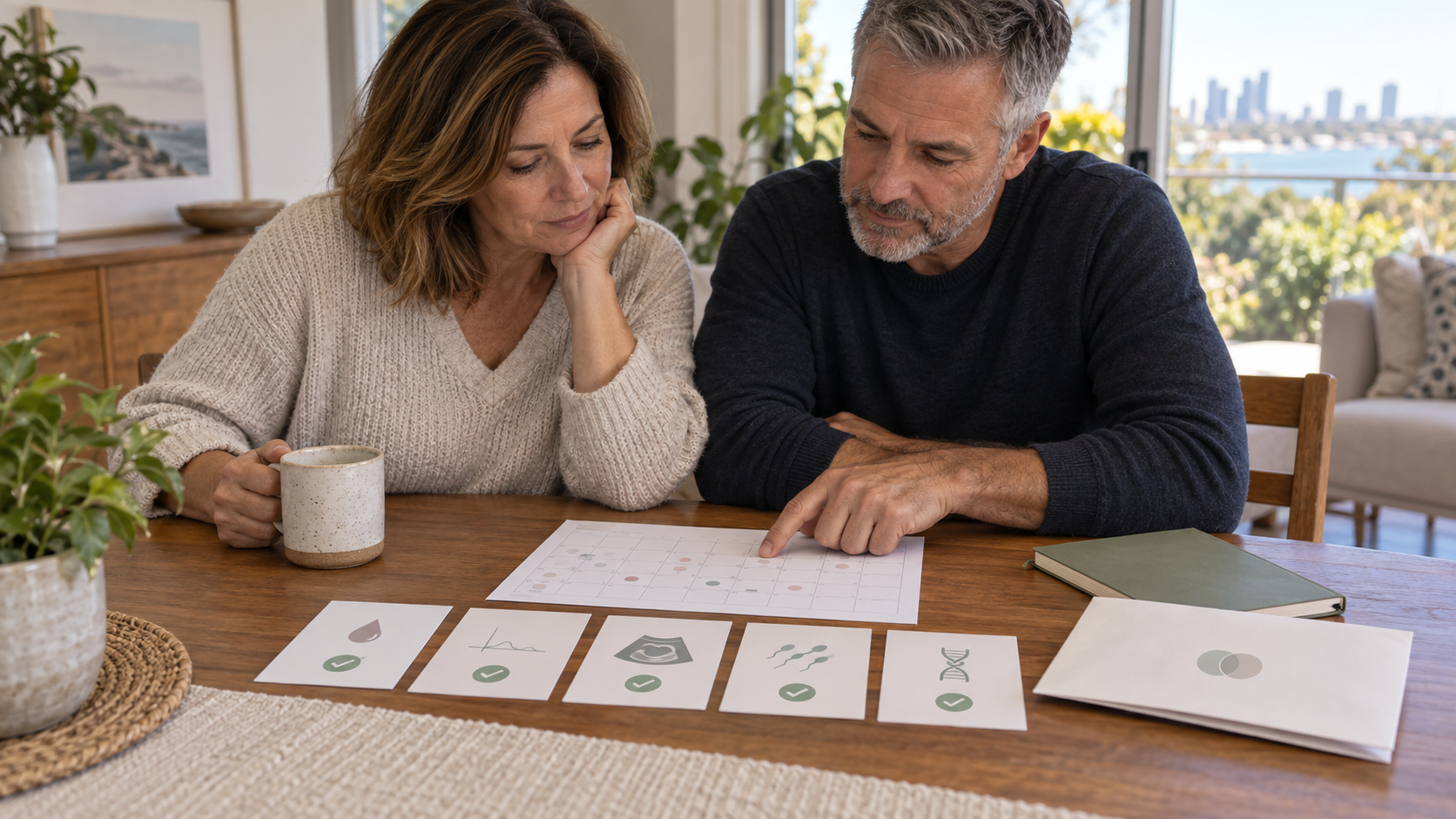 Two adults reviewing an unlabelled cycle calendar and neutral normal-result cards while planning fertility-specialist next steps.