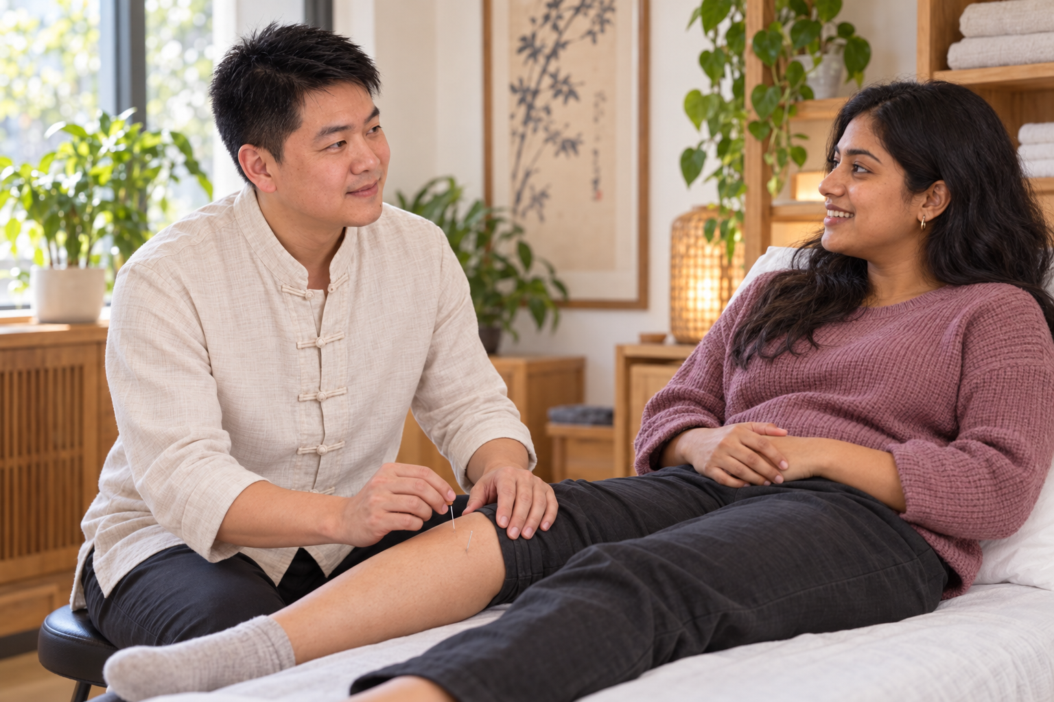 Chinese medicine practitioner discussing lower-leg acupuncture with a fully clothed patient