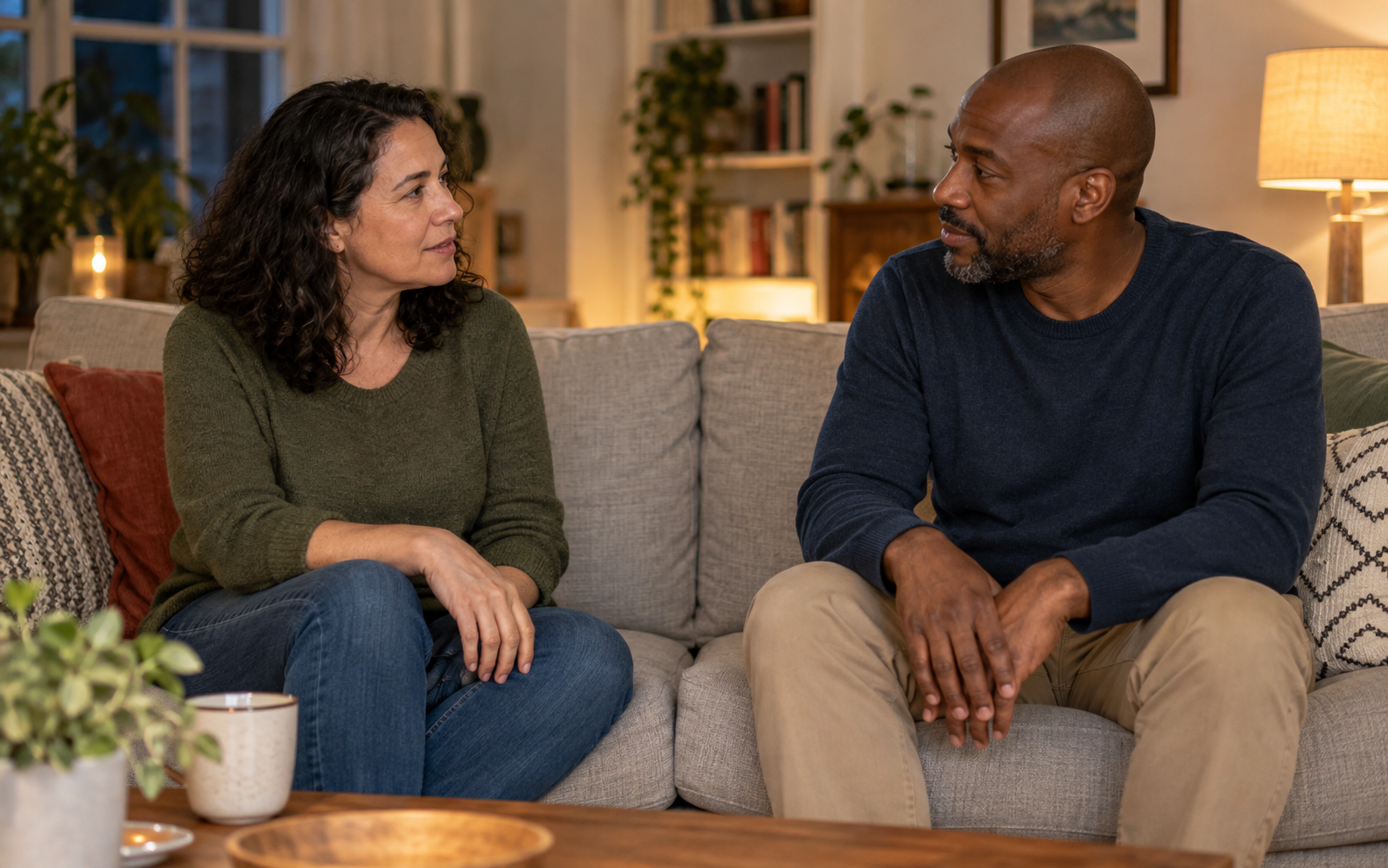 Two fully clothed adults having a calm and attentive conversation at home
