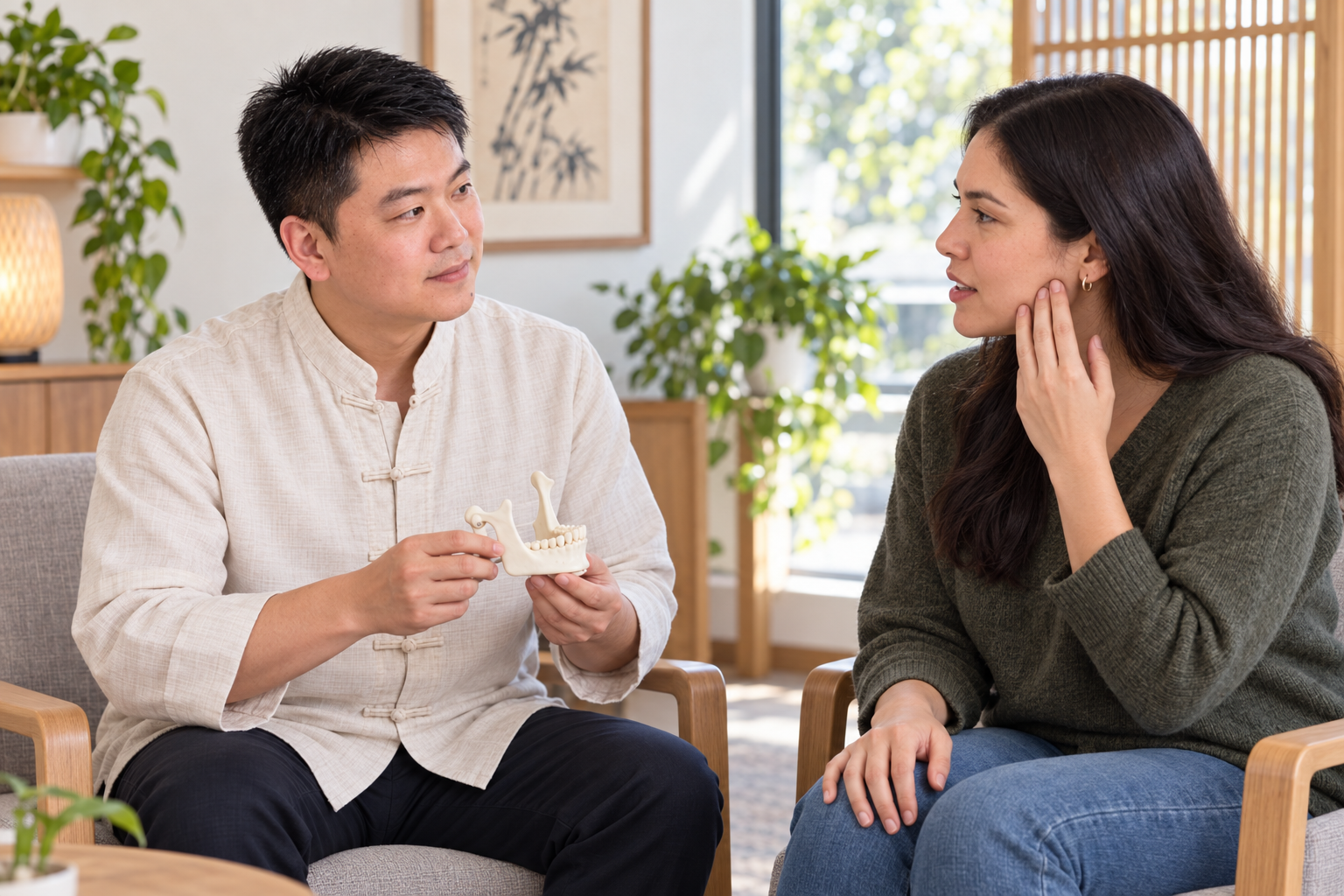 Practitioner uses a jaw model while discussing night-time clenching with a fully clothed adult patient
