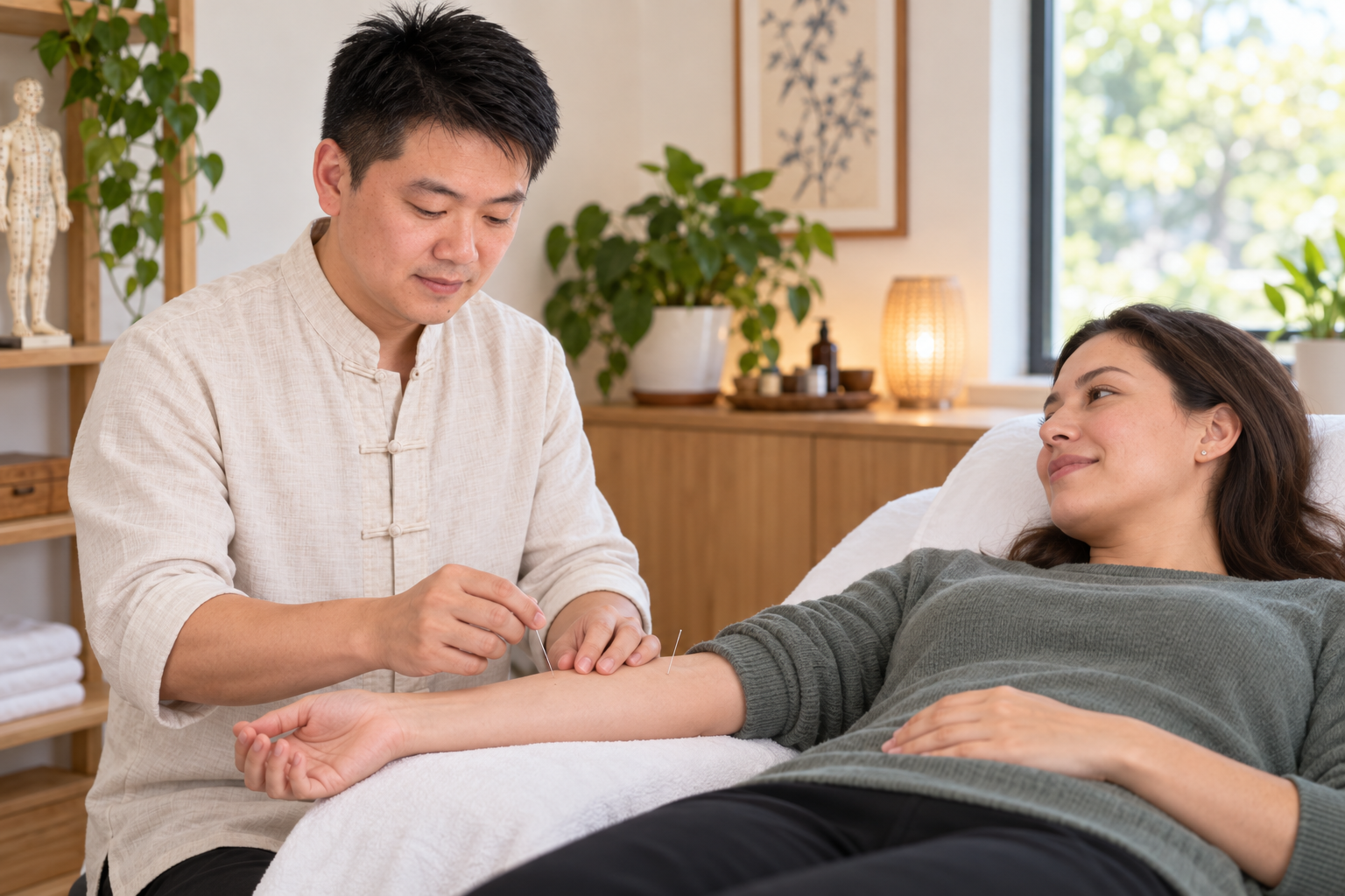 Dr Yang carefully places a fine acupuncture needle in a patient’s forearm during a professional treatment.