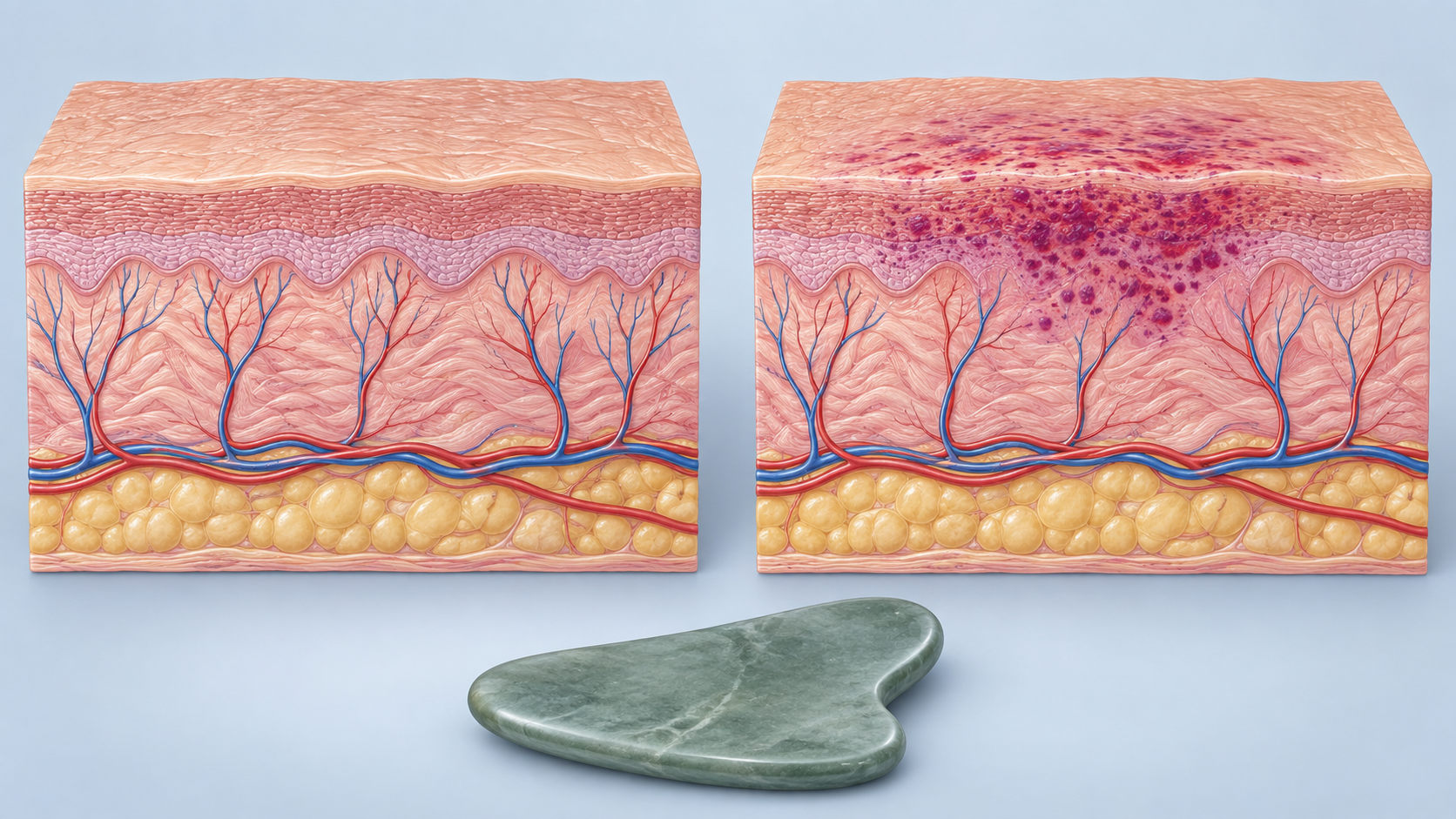 Educational comparison of intact skin and a superficial bruising-like skin reaction after repeated scraping, with a scraping tool shown separately