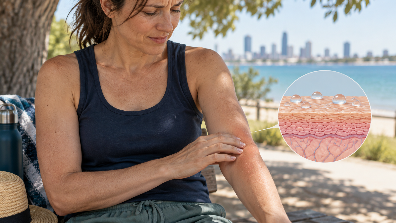 Woman touching an itchy forearm outdoors in summer beside an educational skin barrier illustration