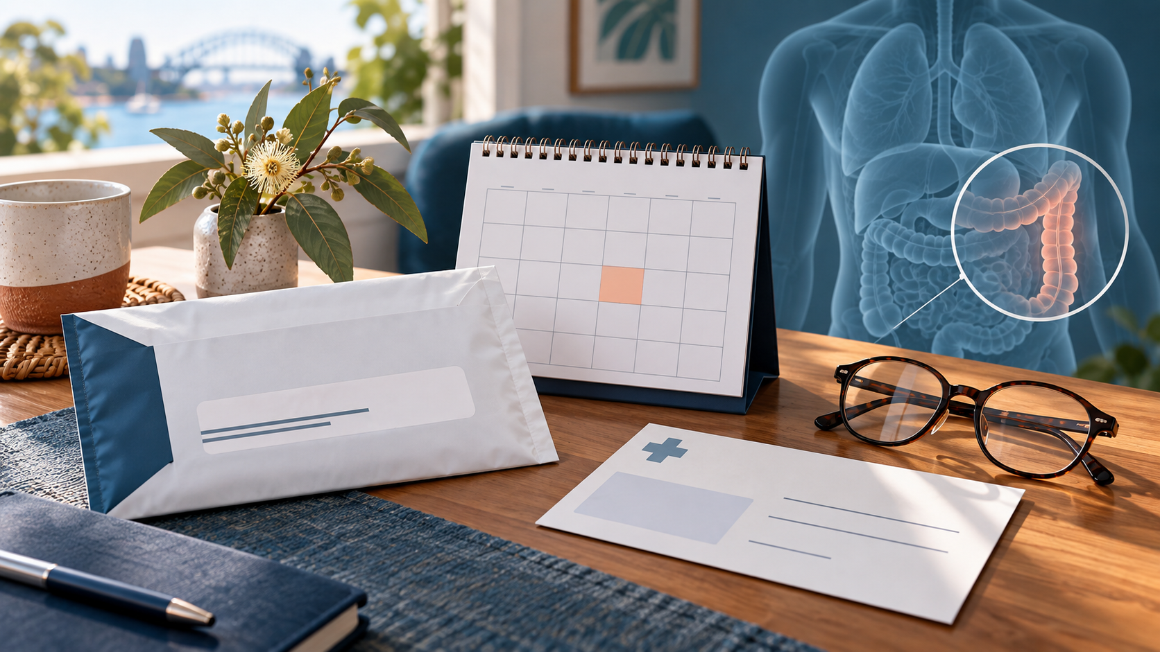 Cancer screening information with a calendar, screening kit and a neutral anatomy illustration