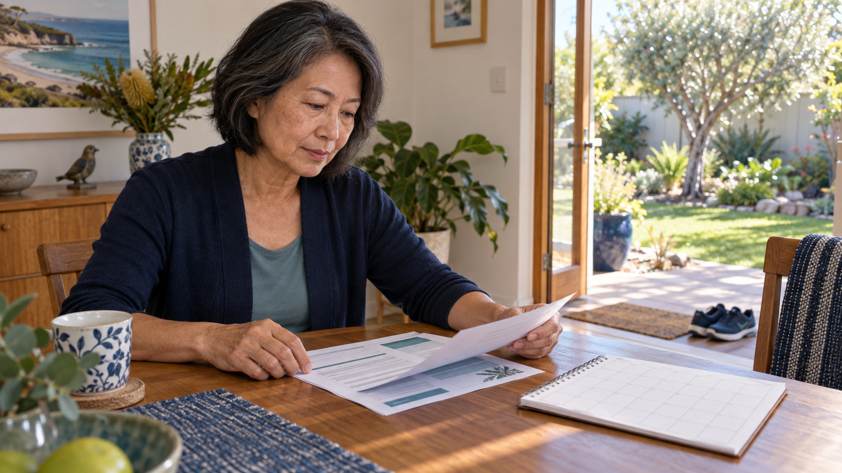 Woman reviewing a cancer survivorship care plan and follow-up calendar at home