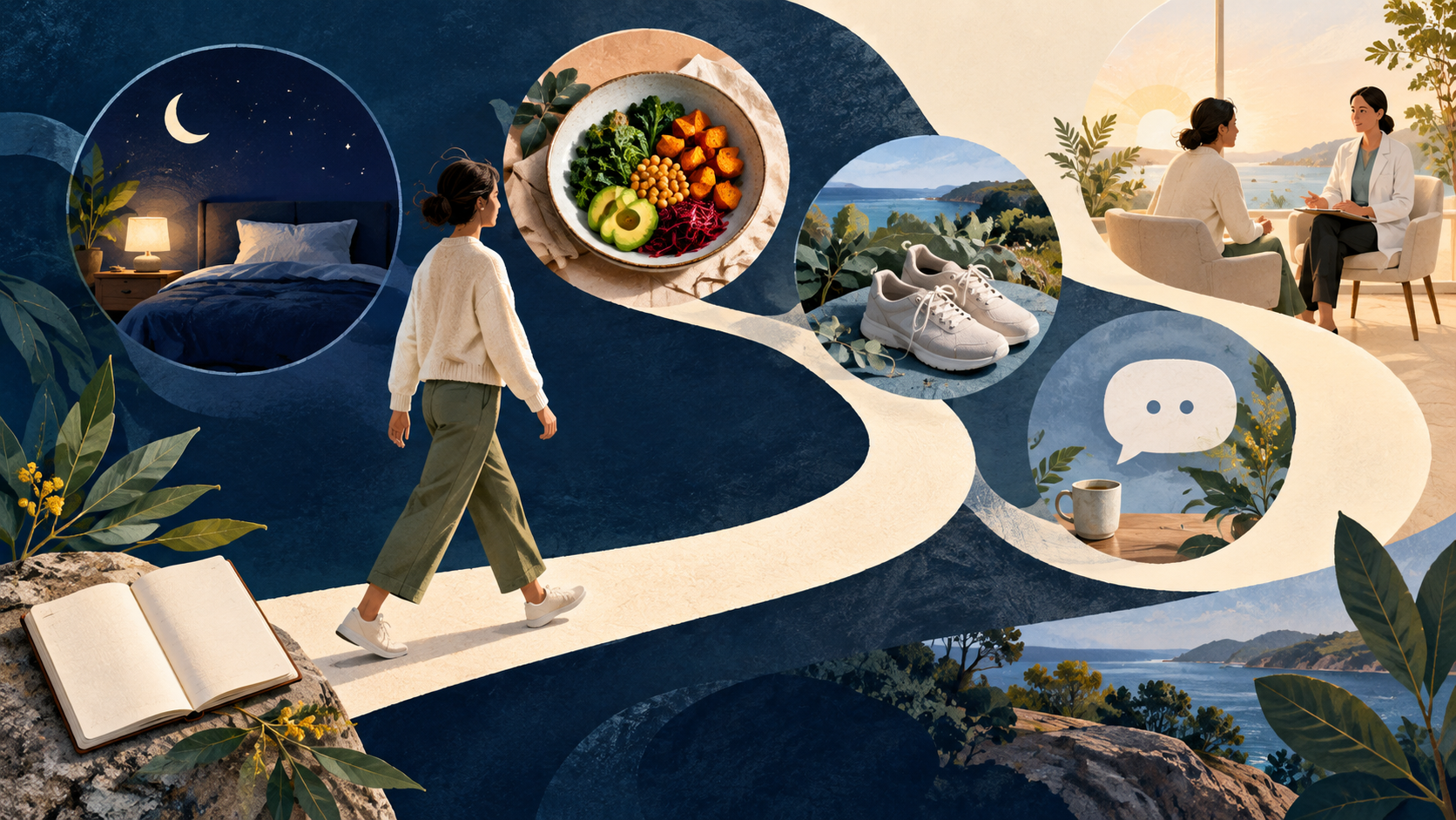 Illustrated pathway showing ordinary daily rhythms of sleep, meals, movement, connection and a health conversation