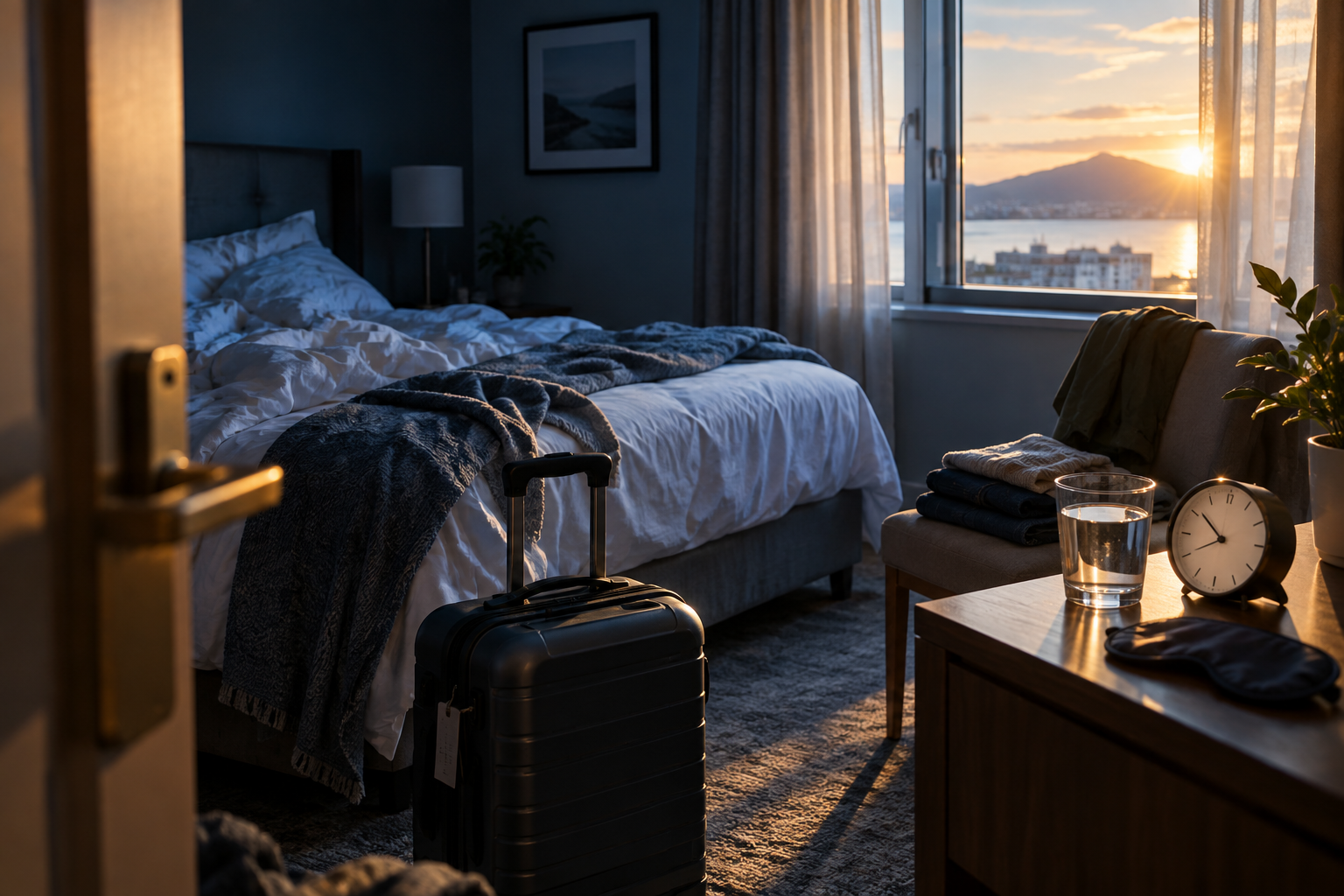 Travel suitcase, sleep mask, water and clock in a hotel room as morning daylight enters through the window