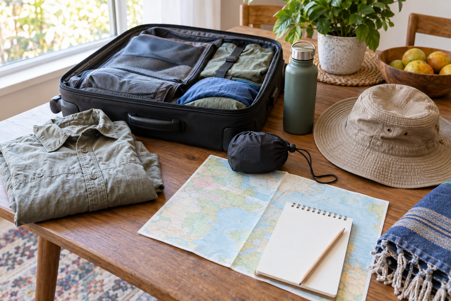 Open suitcase with practical travel items, long-sleeved clothing, sun hat, water bottle, map and blank checklist on a table