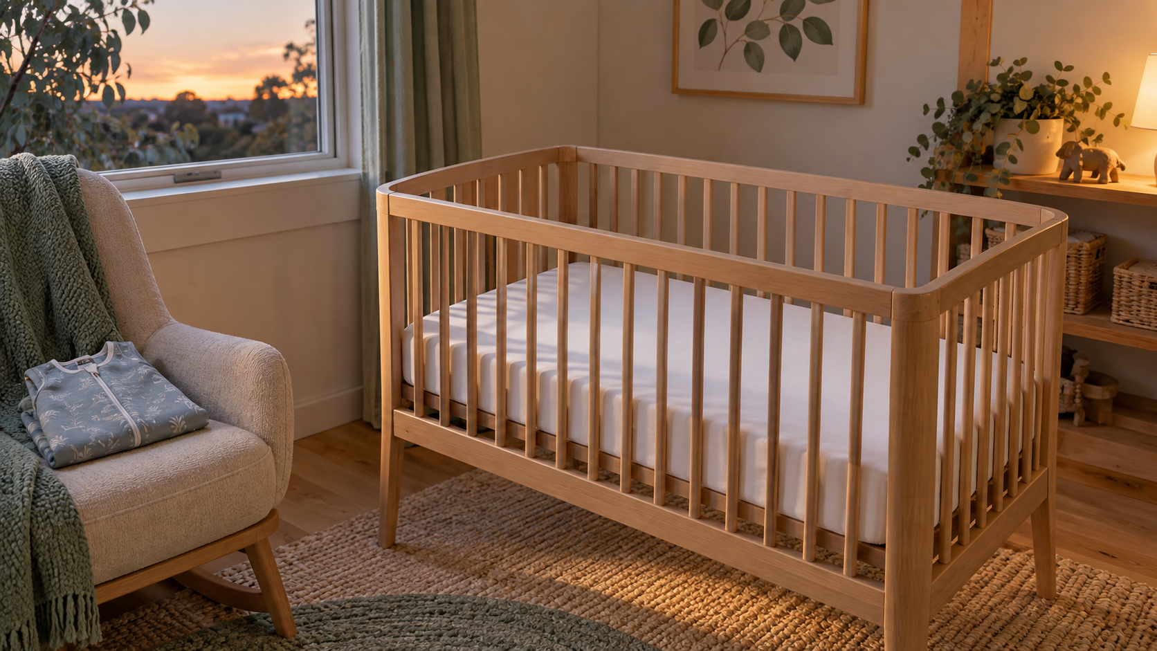 A clear wooden cot with a firm flat fitted mattress and no loose bedding, showing a safe infant sleep space
