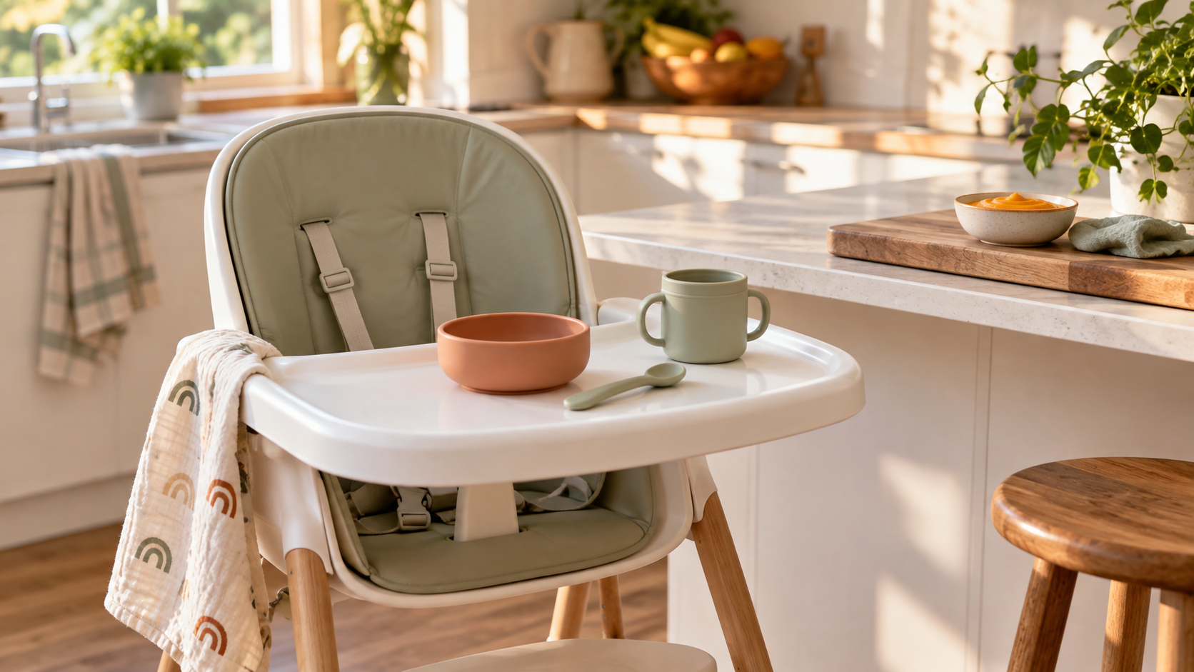 An upright empty highchair with a small bowl, soft spoon and training cup in a sunlit kitchen, illustrating a calm supported solids setup