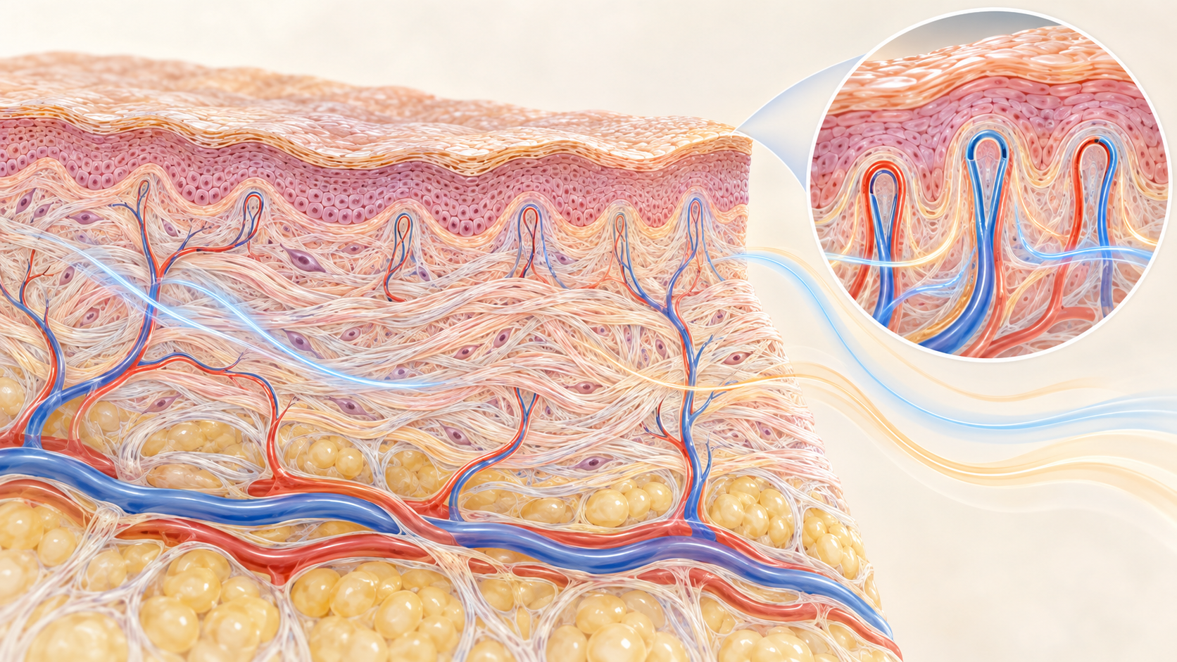 Educational cross-section of skin layers, connective tissue fibres and small blood vessels
