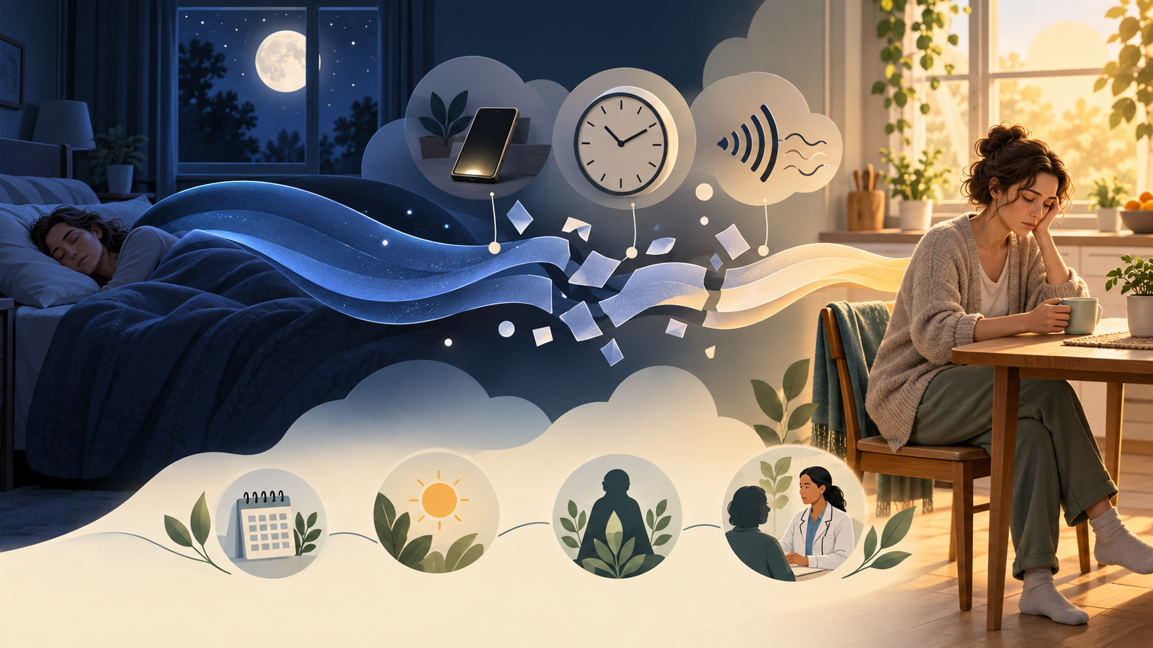 Educational night-to-morning illustration showing that sleep duration, interruptions, environment and daytime tiredness can be considered together.