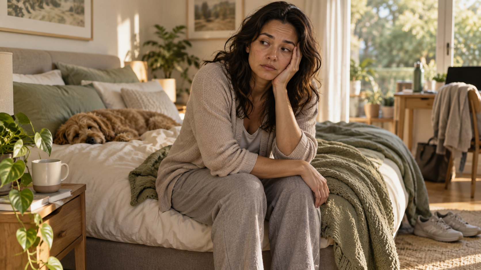 A tired woman sits on the edge of her bed in morning light after sleeping.