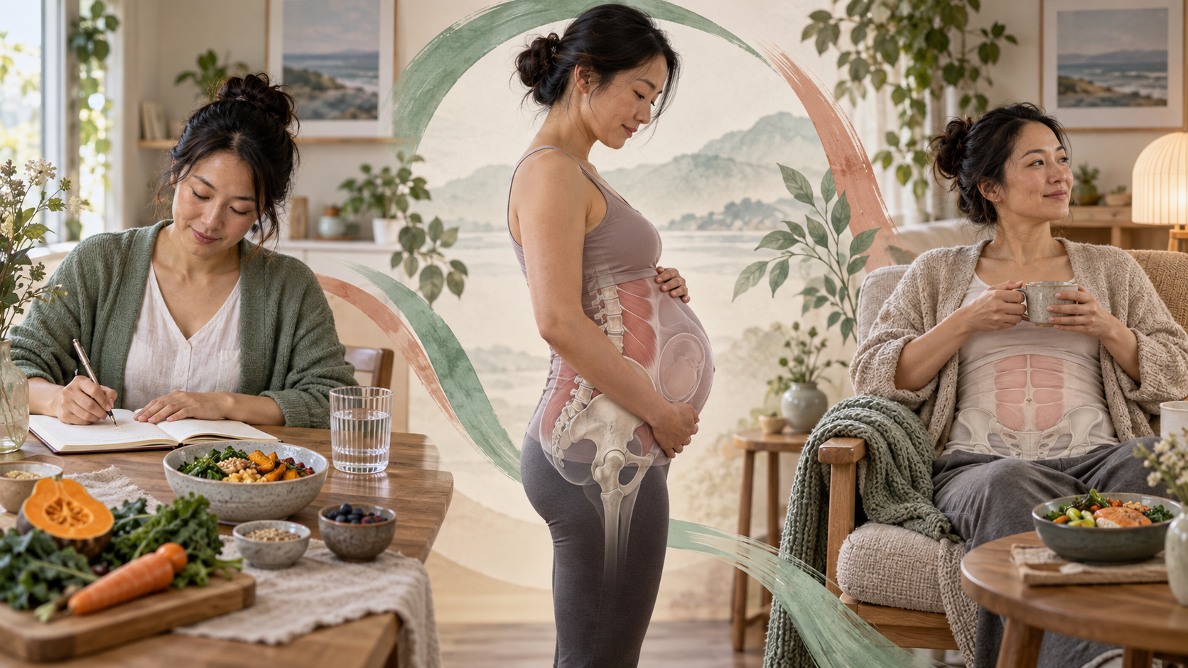 Educational continuum showing planning, pregnancy pelvic anatomy and postnatal core support with food and rest.