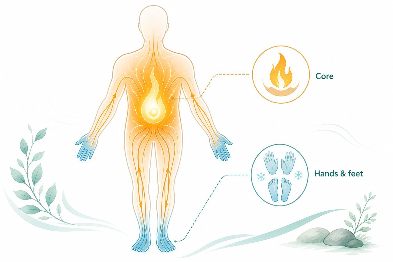 Core warm, hands and feet cool — circulation idea