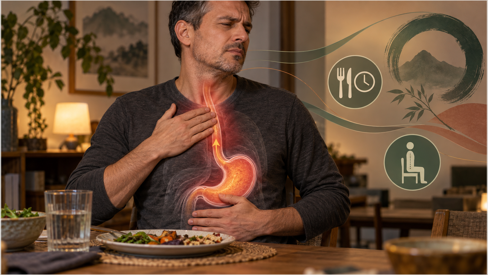 Fully clothed adult with an educational oesophagus and stomach reflux location illustration