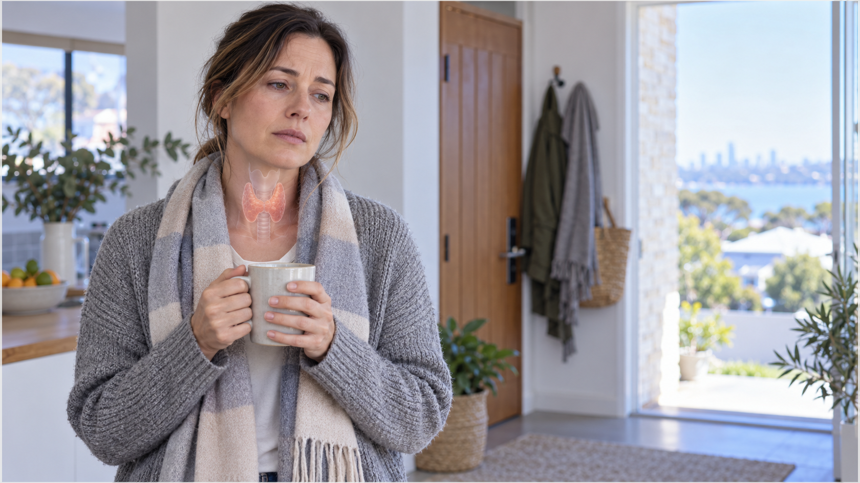 Adult in a cool Perth home holding a mug, with a restrained educational thyroid overlay at the front of the neck