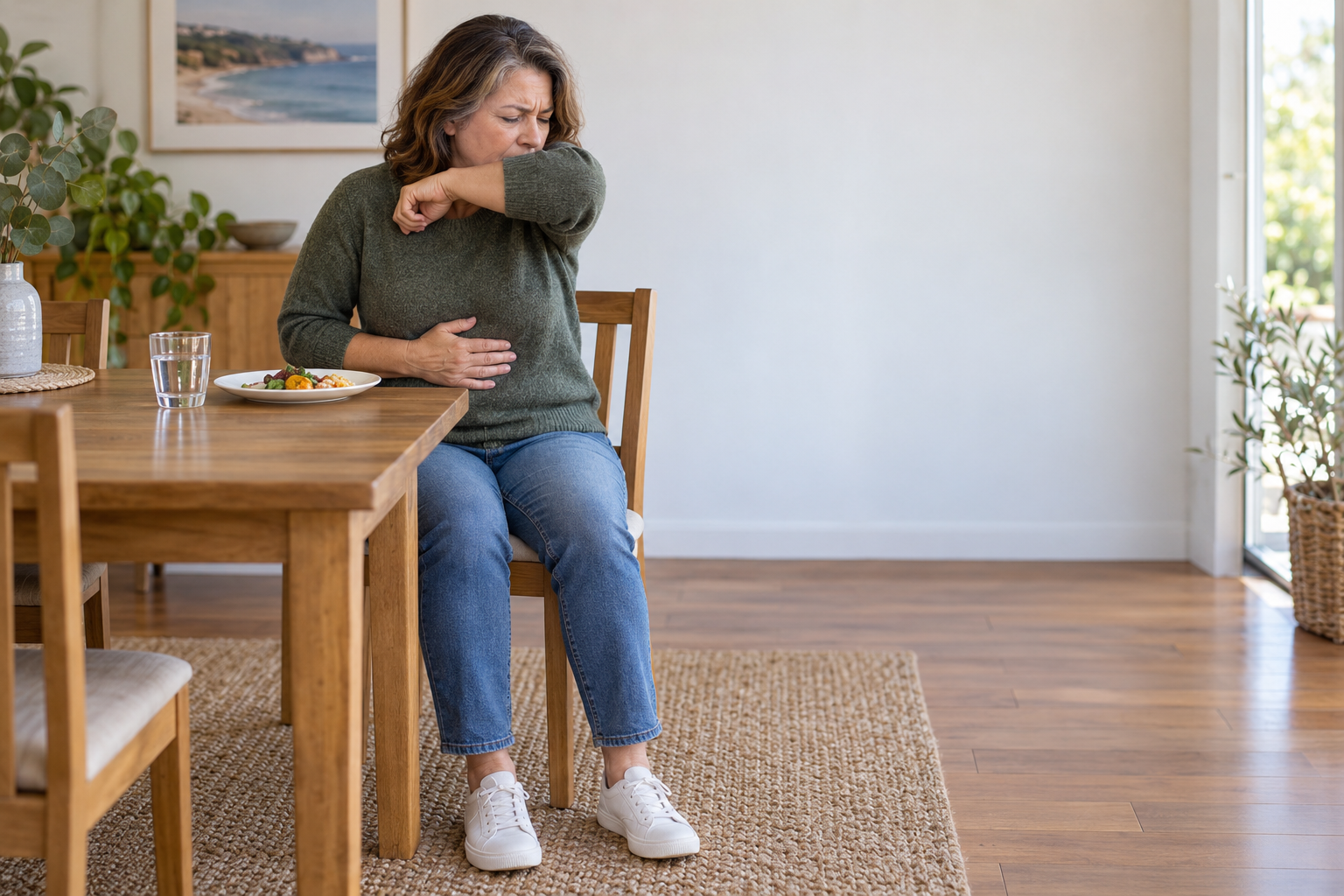 Woman coughs into her elbow after a meal while resting one hand lightly over her upper abdomen