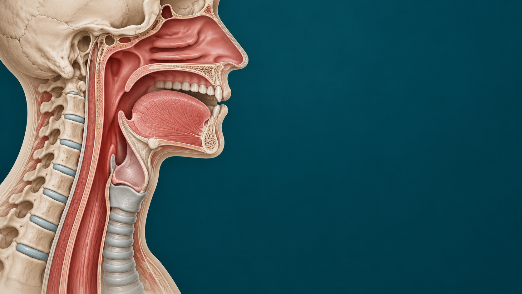 Neutral side-view anatomy illustration of the normal mouth, throat, airway and oesophagus