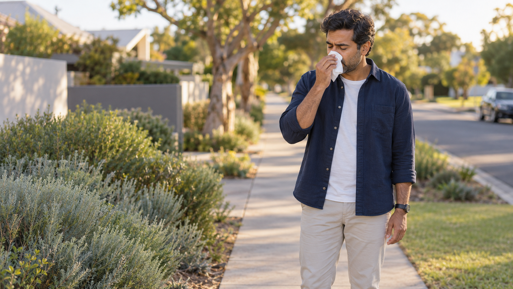 Fictional adult pausing outdoors with a tissue during a brief blocked-nose or sneezy moment