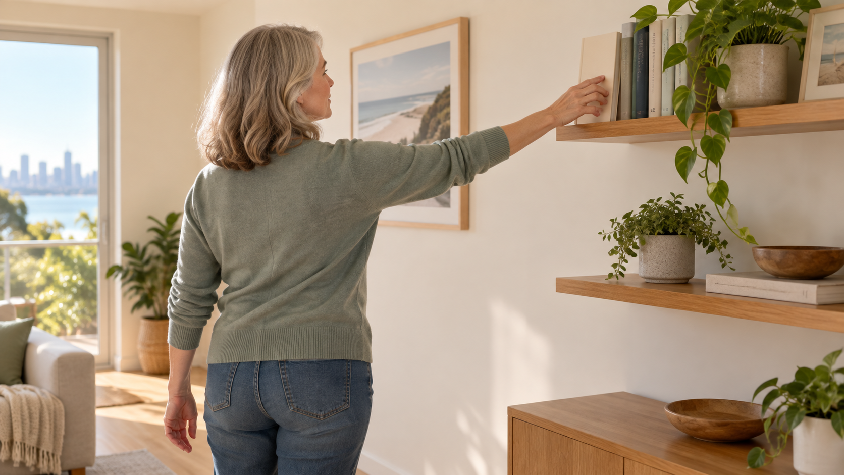 Adult reaching with the left arm toward a book on a shoulder-height shelf