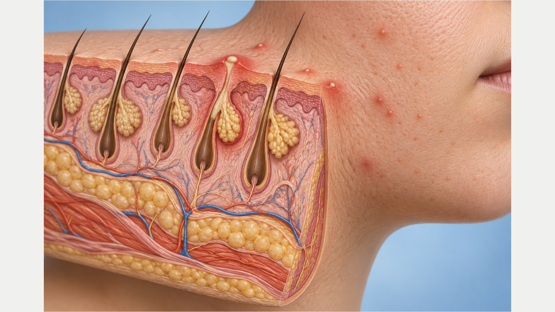 Educational cross-section illustration of a cheek showing skin follicles and surface acne lesions