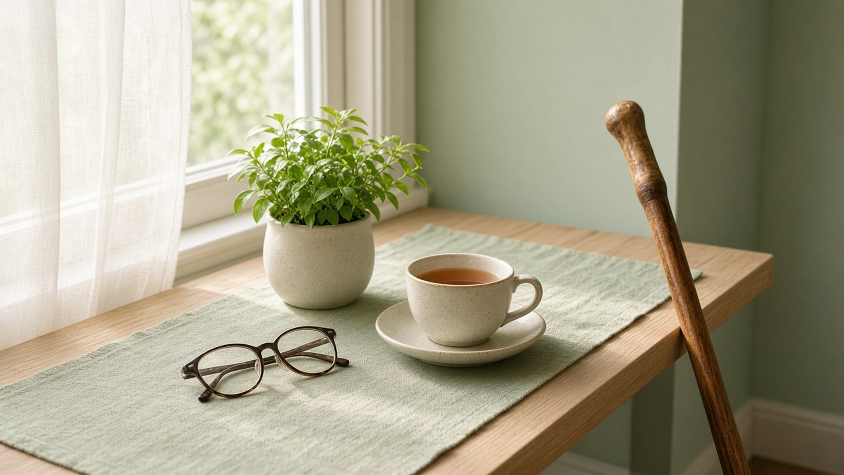 Acupuncture for older adults: reading glasses and a cup of tea on a sage-green table runner beside a potted plant and a wooden walking cane near a bright window